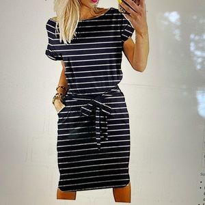 Pencil Dress with Belt - Navy/White
